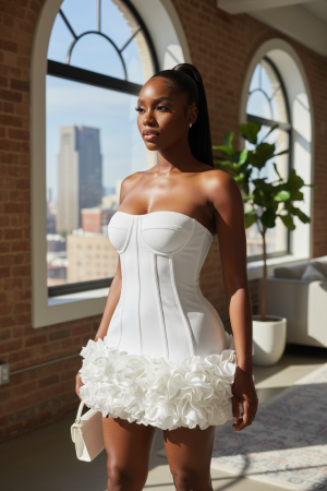 Portrait of a woman in a white strapless corset dress with a ruffled mini skirt, standing in a sunlit loft with brick arches and a city skyline in the background.